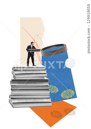 Modern artwork with businessman on books searching fingerprints with magnifier 129918059
