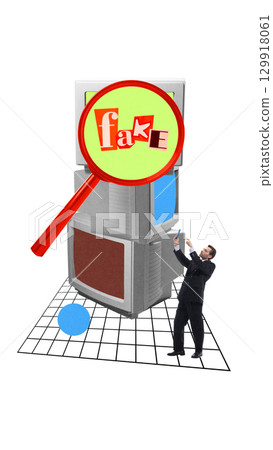 Collage with businessman pointing at phone next to stacked TVs with magnifier glass marked fake Collage with businessman pointing at phone next to stacked TVs with magnifier glass marked fake 129918061