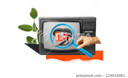 Surreal collage with vintage TV highlighting mouth with letters forming word fake with magnifier Surreal collage with vintage TV highlighting mouth with letters forming word fake with magnifier 129918062