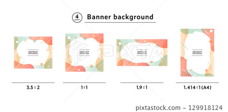 Set of illustrations of abstract background frames with curved, wavy lines and polka dots. Pop design, abstract frame. 129918124