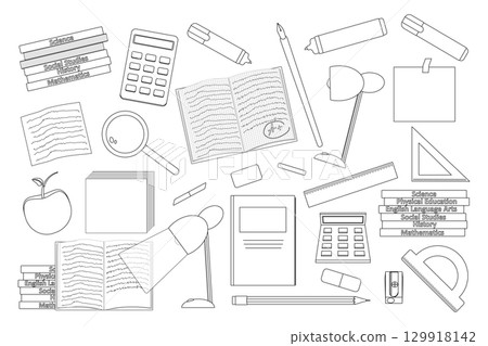 Coloring page of school supplies set like books, notebooks, calculators, pencils, markers, desk lamp, note, rulers, eraser, magnifying glass. Entertaining kids, back to school black and white design. 129918142
