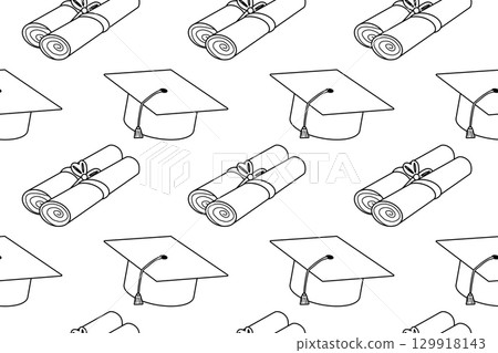 Coloring page of vector seamless pattern with graduation caps and diplomas. For entertaining kids, back to school or education black and white printable design, DIY craft activity, educational concept Coloring page of vector seamless pattern with graduation caps and diplomas. For entertaining kids, back to school or education black and white printable design, DIY craft activity, educational concept 129918143