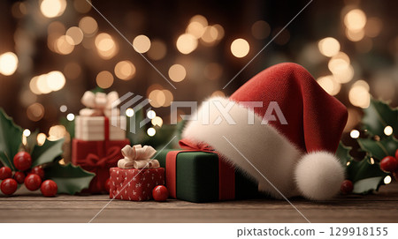 Festive Christmas scene with Santa hat, gifts, and holly berries on wooden table, glowing bokeh lights in background 129918155