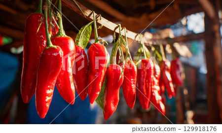 Fresh red chillies hanging on a wooden rope at a sunlit market stall, displaying organic spice harvest Fresh red chillies hanging on a wooden rope at a sunlit market stall, displaying organic spice harvest 129918176