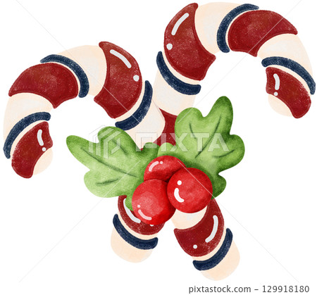 Winter celebration illustration with candy cookies and christmas decorations. 129918180