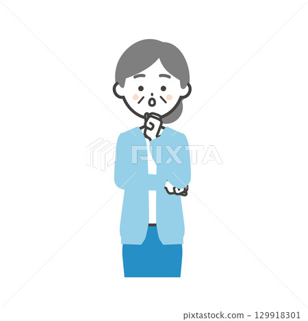 一位老婦人用拳頭抵著下巴的插圖 一位老婦人用拳頭抵著下巴的插圖 129918301