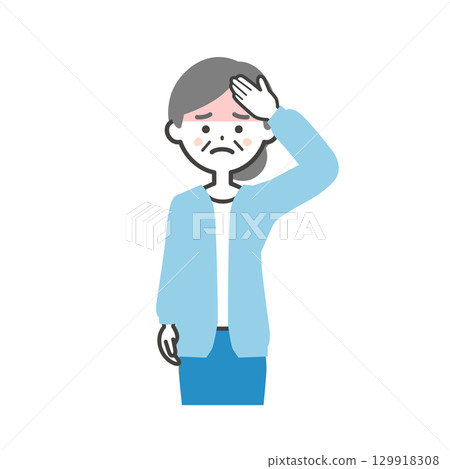 一位老年婦女摀著額頭的插圖 129918308