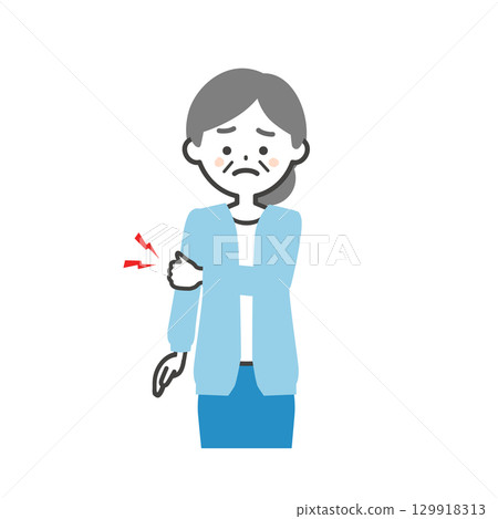 Illustration of an elderly woman holding her elbow Illustration of an elderly woman holding her elbow 129918313