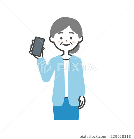 一位老年婦女手持智慧型手機的插圖 129918318