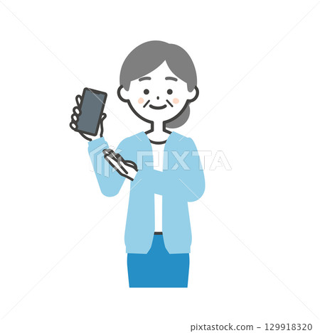 一位老年婦女手持智慧型手機的插圖 129918320