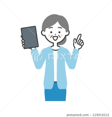 一位老年婦女拿著平板電腦並指向上方的插圖 129918322
