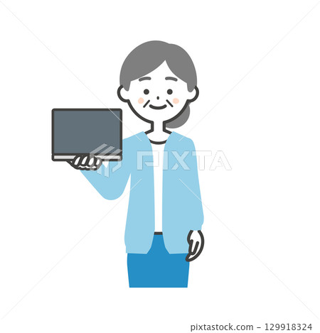 一位帶著筆記型電腦的老年婦女的插圖 一位帶著筆記型電腦的老年婦女的插圖 129918324