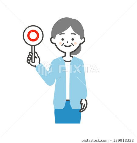 一位老年婦女拿著正確答案標籤的插圖 129918328