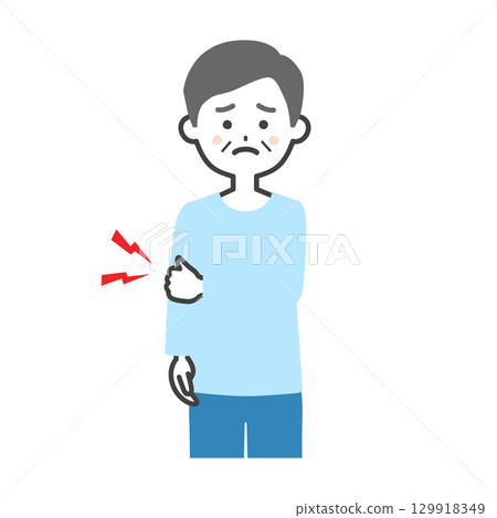 Illustration of an elderly man holding his elbow Illustration of an elderly man holding his elbow 129918349