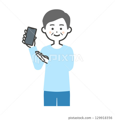 一位老人拿著智慧型手機的插圖 129918356