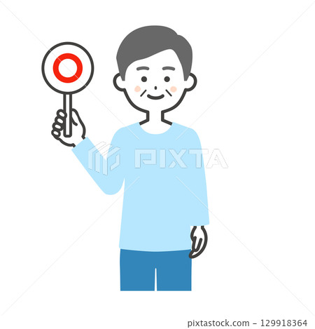 一位老人拿著正確答案標籤的插圖 129918364