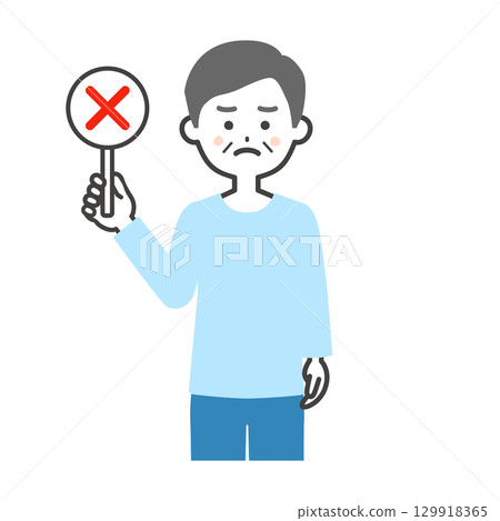 Illustration of an elderly man holding a wrong answer card 129918365
