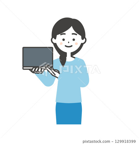 一位女士指著一台筆記型電腦的插圖 129918399