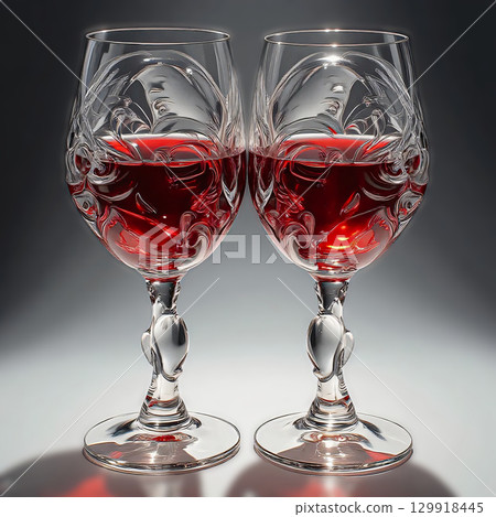 Two wine glasses of exquisite beauty. Two wine glasses filled with a rich, deep red wine.  129918445