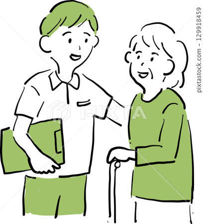 護理人員與拄著拐杖的老人交談的插圖 129918459