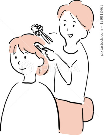 Hand drawn illustration of a hairdresser cutting hair in a beauty salon Hand drawn illustration of a hairdresser cutting hair in a beauty salon 129918465