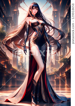 A black-haired heroine in a long dress standing against the backdrop of a huge city in another world 129918658