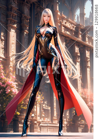A heroine in a black costume standing in front of a huge building from another world 129918668