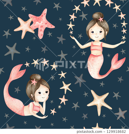 Little mermaid with gold stars watercolor seamless pattern. Children's character illustration pastel colors, isolated on dark background. Kids design for textile, stationary, packaging, wallpaper 129918682