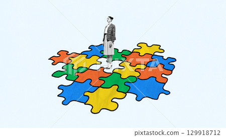 Colorful artwork with woman standing on multicolored puzzle pieces symbolizing inclusion Colorful artwork with woman standing on multicolored puzzle pieces symbolizing inclusion 129918712