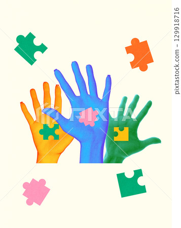 Trendy collage with colorful raised hands holding puzzle pieces symbolizing inclusion 129918716