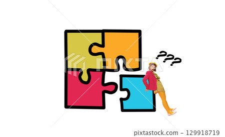 Creative collage of confused woman near missing puzzle piece in colorful block structure Creative collage of confused woman near missing puzzle piece in colorful block structure 129918719