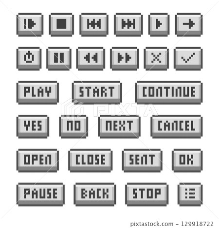 A collection of retro pixel art UI buttons for games and apps. A collection of retro pixel art UI buttons for games and apps. 129918722