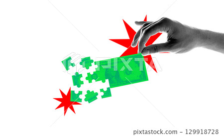 Minimalist pop art collage with hand arranging puzzle pieces shaped like green dollar bill. Minimalist pop art collage with hand arranging puzzle pieces shaped like green dollar bill. 129918728