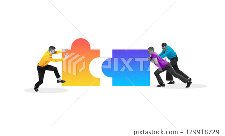 Graphic composition of men in colorful shirts pushing puzzle blocks to connect. Graphic composition of men in colorful shirts pushing puzzle blocks to connect. 129918729
