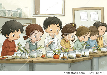 A class where children learn about plant growth by watering and observing them 129918748