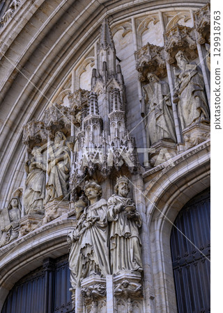 Facade details on Roman Catholic Cathedral of St. Michael and St. Gudula in central Brussels, Belgium Facade details on Roman Catholic Cathedral of St. Michael and St. Gudula in central Brussels, Belgium 129918763
