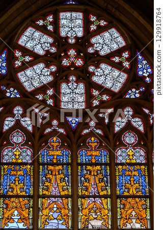 Stained glass windows in the Roman Catholic Cathedral of St. Michael and St. Gudula in central Brussels, Belgium Stained glass windows in the Roman Catholic Cathedral of St. Michael and St. Gudula in central Brussels, Belgium 129918764