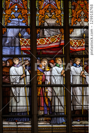Stained glass windows in the Roman Catholic Cathedral of St. Michael and St. Gudula in central Brussels, Belgium Stained glass windows in the Roman Catholic Cathedral of St. Michael and St. Gudula in central Brussels, Belgium 129918768