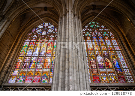 Stained glass windows in the Roman Catholic Cathedral of St. Michael and St. Gudula in central Brussels, Belgium Stained glass windows in the Roman Catholic Cathedral of St. Michael and St. Gudula in central Brussels, Belgium 129918778