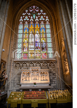 Stained glass windows in the Roman Catholic Cathedral of St. Michael and St. Gudula in central Brussels, Belgium Stained glass windows in the Roman Catholic Cathedral of St. Michael and St. Gudula in central Brussels, Belgium 129918779