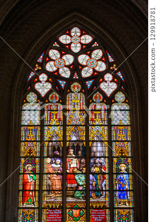 Stained glass windows in the Roman Catholic Cathedral of St. Michael and St. Gudula in central Brussels, Belgium Stained glass windows in the Roman Catholic Cathedral of St. Michael and St. Gudula in central Brussels, Belgium 129918781