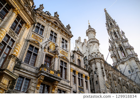 Lavishly decorated facades and architectural details of Guildhalls on the Grand-Place Grote Markt square of Brussels, Belgium Lavishly decorated facades and architectural details of Guildhalls on the Grand-Place Grote Markt square of Brussels, Belgium 129918834