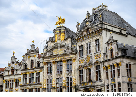 Lavishly decorated facades and architectural details of Guildhalls on the Grand-Place Grote Markt square of Brussels, Belgium Lavishly decorated facades and architectural details of Guildhalls on the Grand-Place Grote Markt square of Brussels, Belgium 129918845