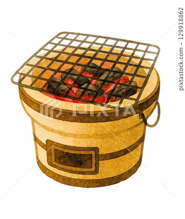 木炭爐燒烤木炭燒烤手繪水彩風格 129918862