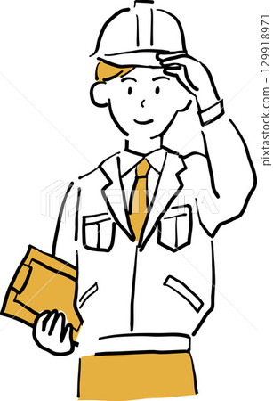 Illustration of a construction site supervisor holding a helmet and a drawing 129918971