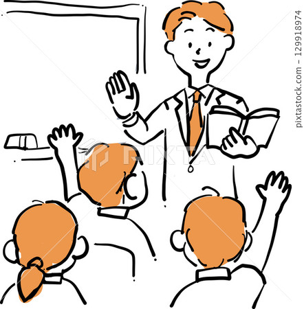 老師和學生在課堂上舉手的插圖 129918974