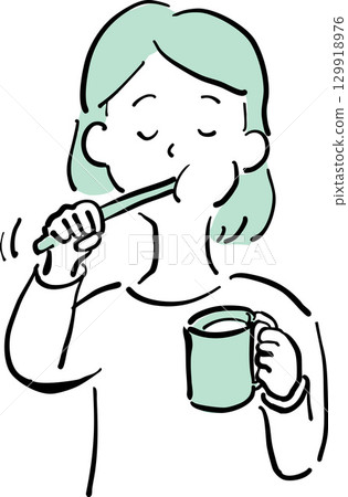 Illustration of a woman brushing her teeth Illustration of a woman brushing her teeth 129918976