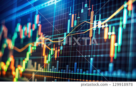 Financial growth chart on the background of digital data and candle charts 129918978