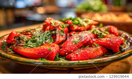 Roasted red chili peppers with fresh herbs and spices on a rustic ceramic plate, traditional homemade side dish 129919044