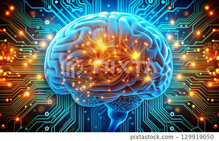 Futuristic brain made of light and microchips, synthesis of technologies 129919050